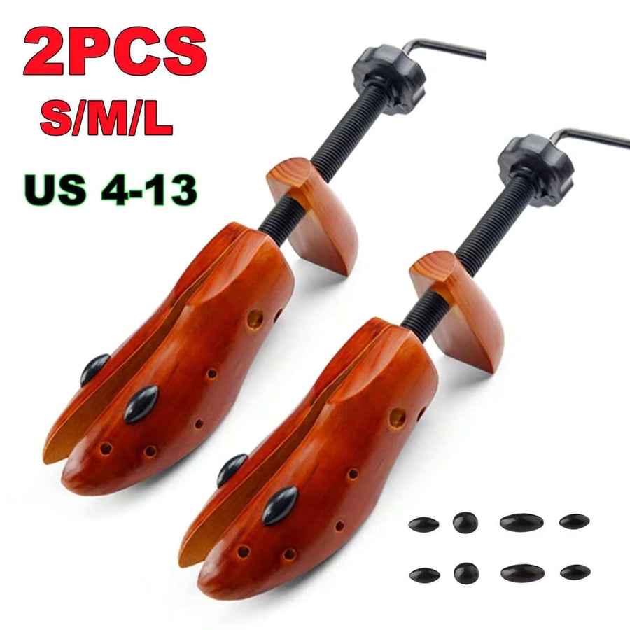 2Pcs Wooden Shoes Stretcher, 2-Way Shoe Tree Adjustable Length & Width Expander Widener, Unisex Wood Shaper For Men And Women, S/M/L (4-13)