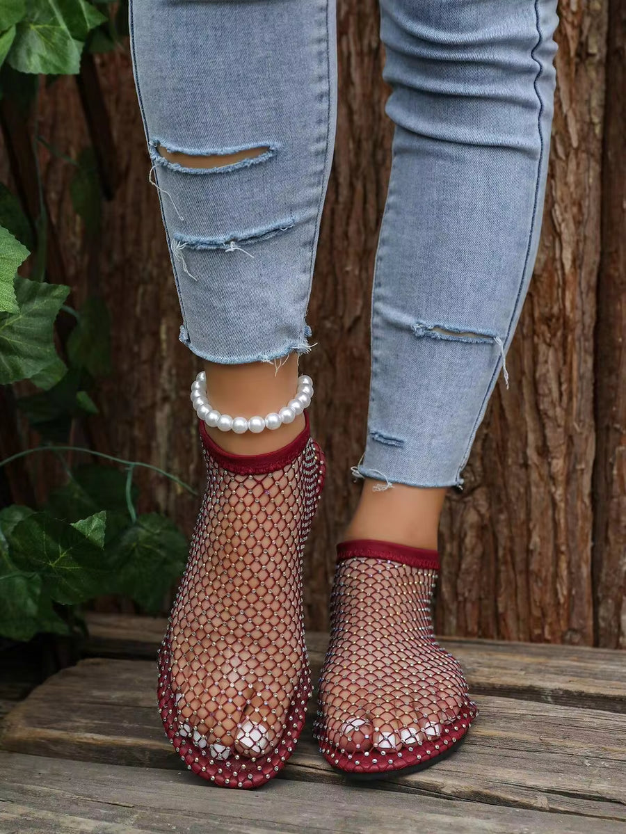 2026 Spring/Summer New Soft Round Toe Fishnet Socks Rhinestone Slip-On Casual Outdoor Breathable Large Size Hollow Sandals Flat Shoes
